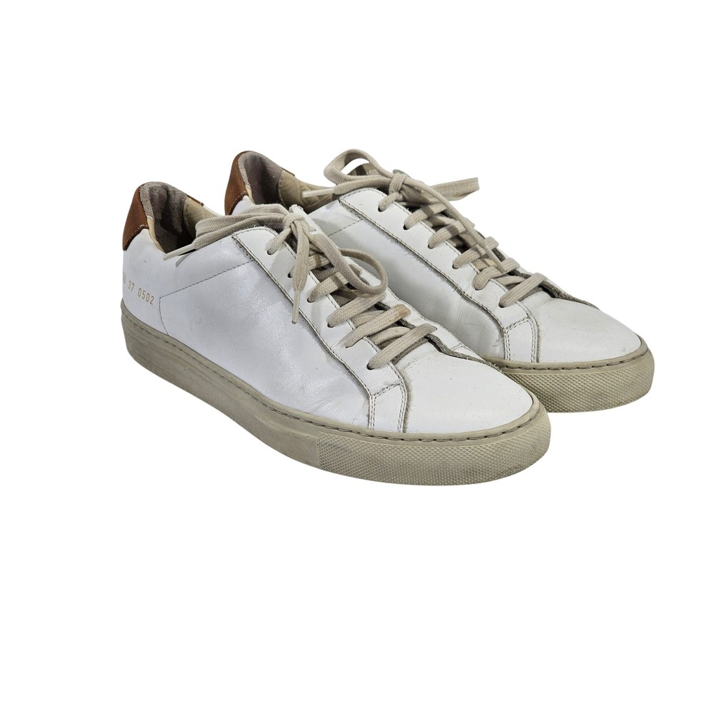 Women by Common Projects Retro Low White Leather Sneakers Brown 3996 Sz 37‎ 0502